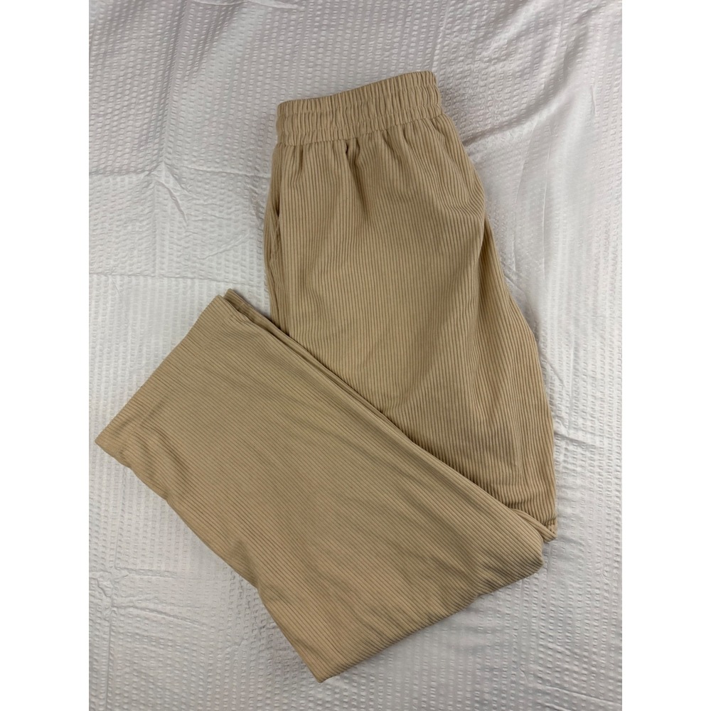 Tan Beige Ribbed Knit Wide Leg Lounge‎ Pants Drawstring Waist Size Medium
